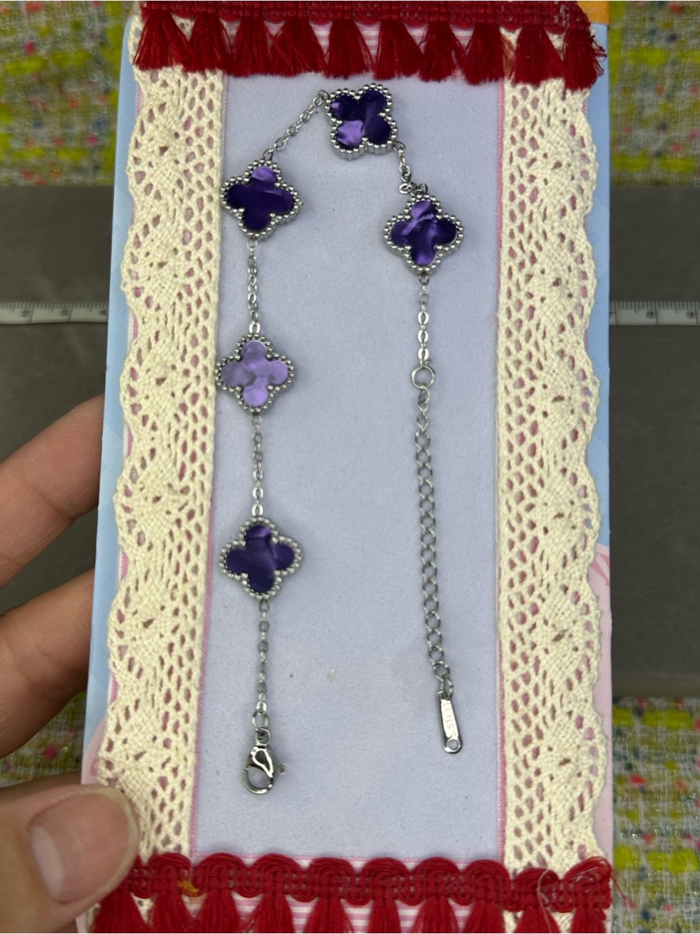 Silver Bracelet with Purple Clover Motifs - Elegant Women’s Jewelry